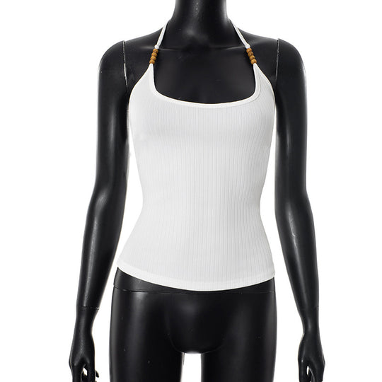 Damen Neckholder-Top aus hochwertigem Rib-Material mit dekorativen Holzakzenten EB