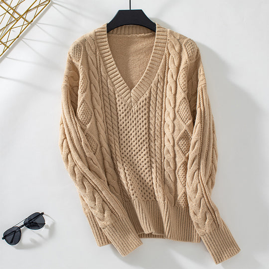Damen modischer Strickpullover mit tiefem V-Ausschnitt und Zopfmuster EB