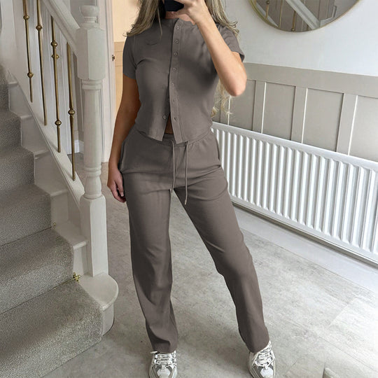 Damen Bequemes Zweiteiliges Set mit Kurzarmoberteil und lockerer Hose EB