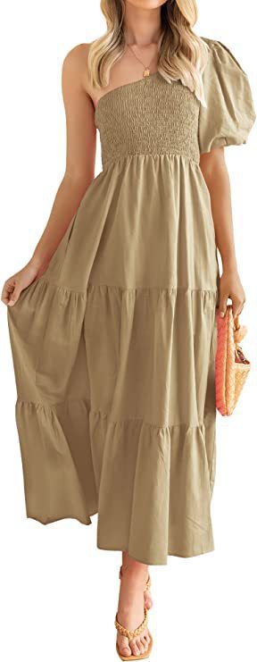 Damen Maxikleid mit asymmetrischem Trägerdesign und voluminösem Rock EB