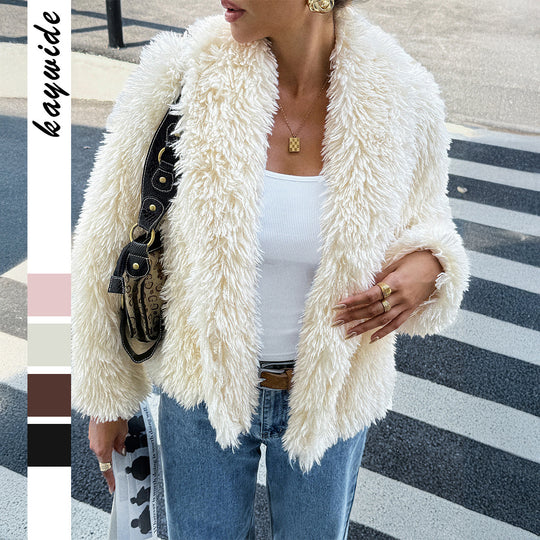 Damen nan flauschiger Teddy-Mantel mit Oversize-Schalkragen, kurzer Länge und geradem Schnitt EB