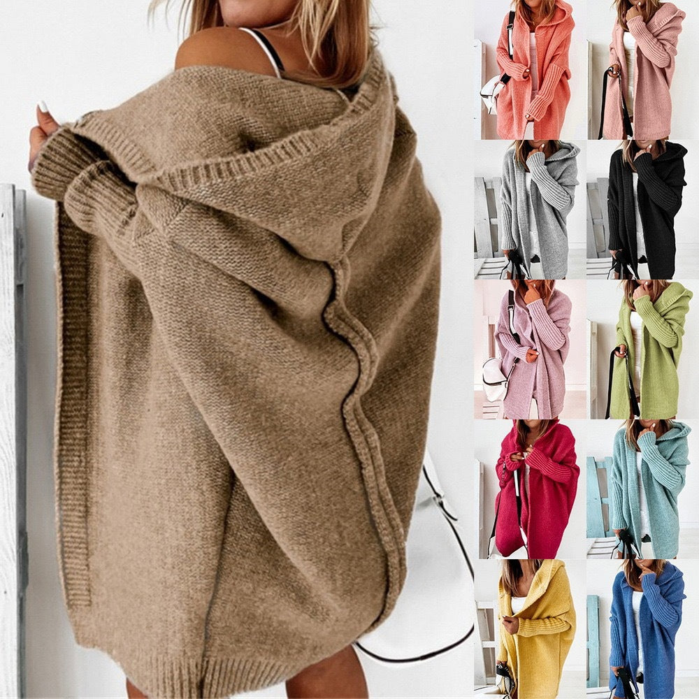Damen Longline Kapuzen-Strickcardigan mit offener Front EB