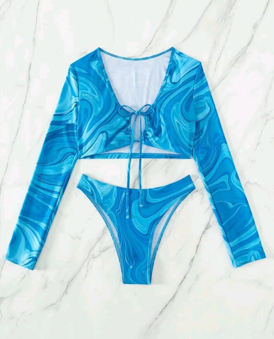 Damen Surf-Bikini-Set mit langärmligem Crop-Top und hochgeschnittenen Unterteilen EB
