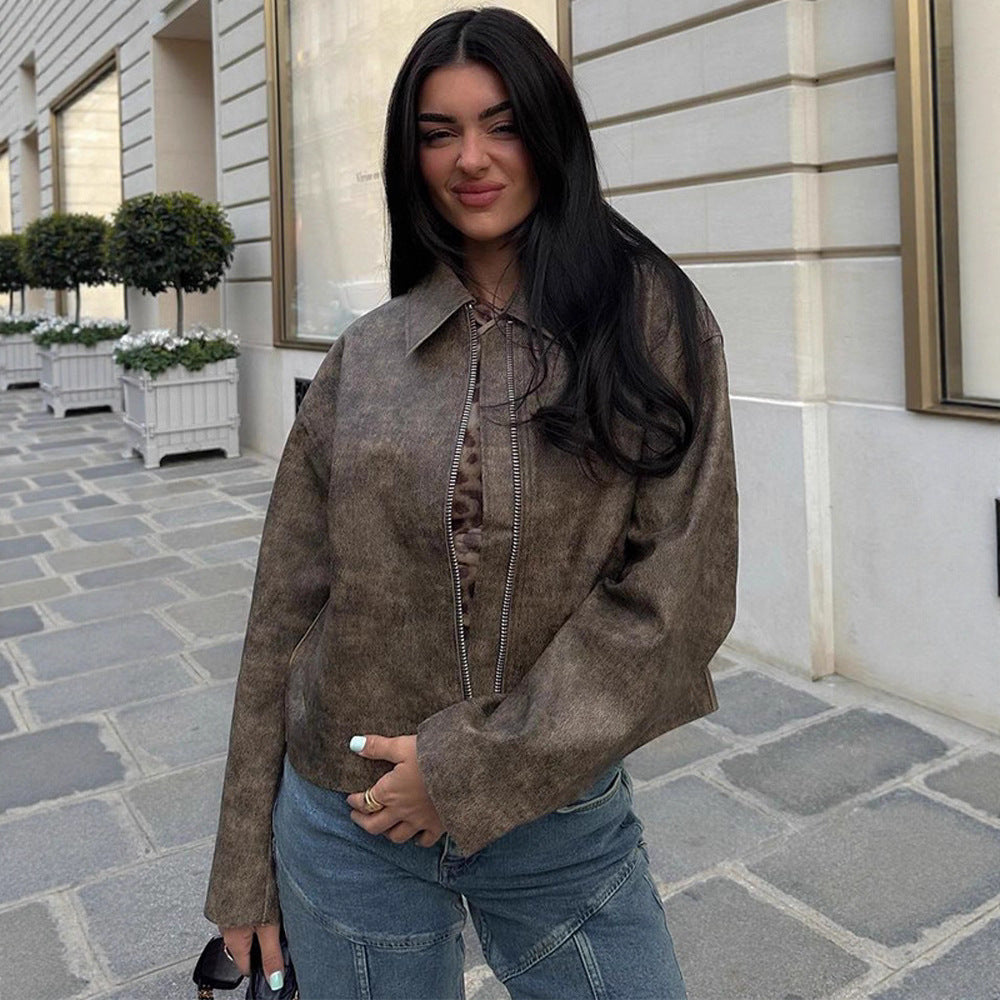 Damen Kunstlederjacke mit asymmetrischem Schnitt und praktischem Reißverschluss EB