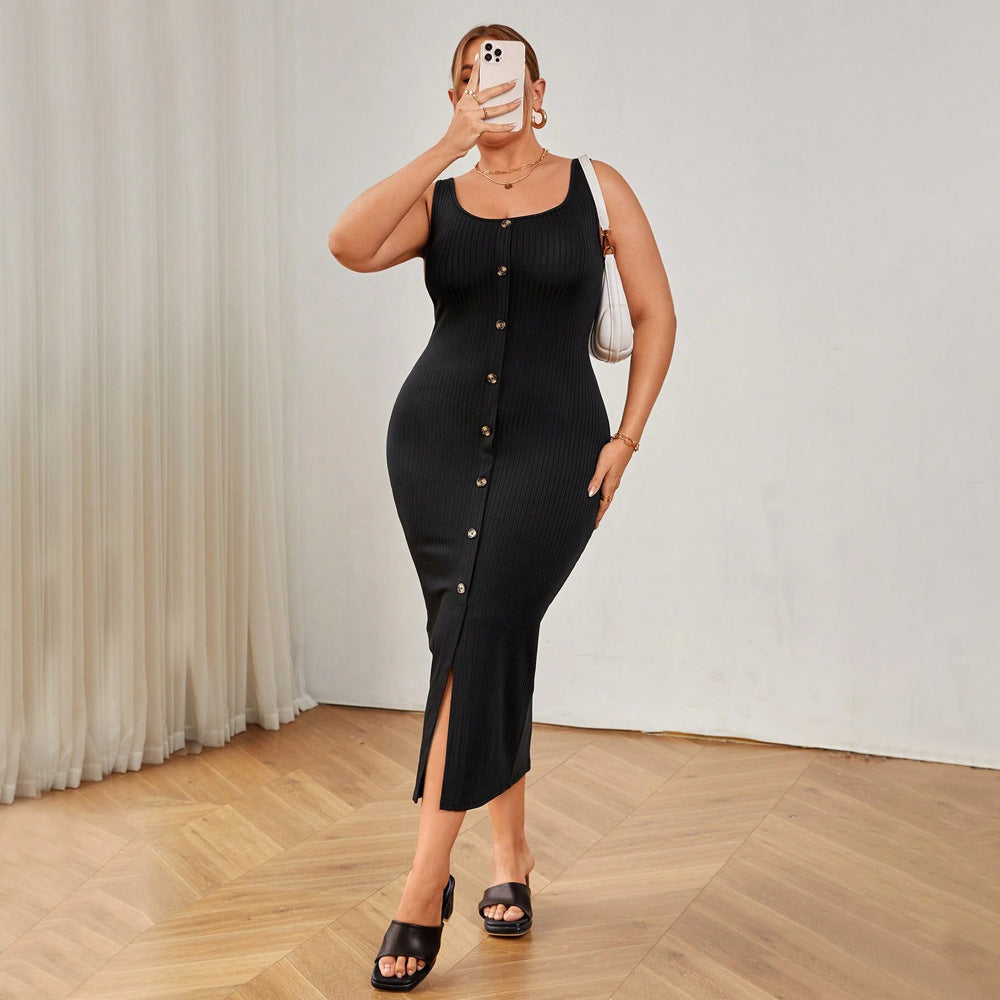 Damen figurbetontes Midikleid mit Knopfleiste und Schlitzdetail EB
