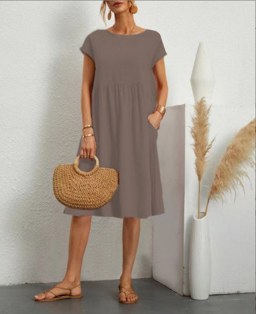 Damen Freizeitleinenkleid mit leichtem Schnitt und Taschen EB