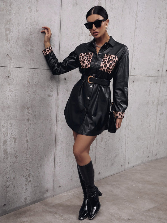 Damen Kunstleder Hemdblusenkleid mit animalischem Print und taillierbarem Gürtel EB