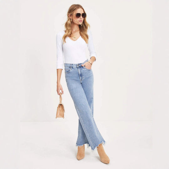 Damen Weit geschnittene Jeans mit fransigem Saum und hohem Bund EB