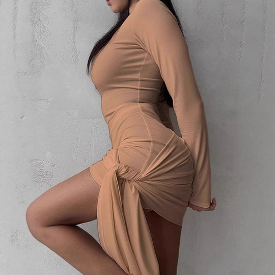 Damen figurbetontes Wickelkleid mit langen Ärmeln und eleganter Drapierung EB