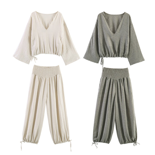 Damen lässige Bluse mit weitem V-Ausschnitt und elastischem Saum EB