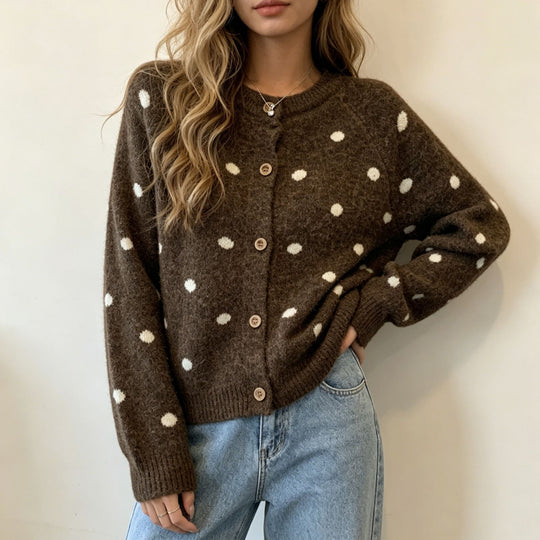 Damen Gepunkteter Mohair‑Optik Button‑Cardigan mit Rundhalsausschnitt EB