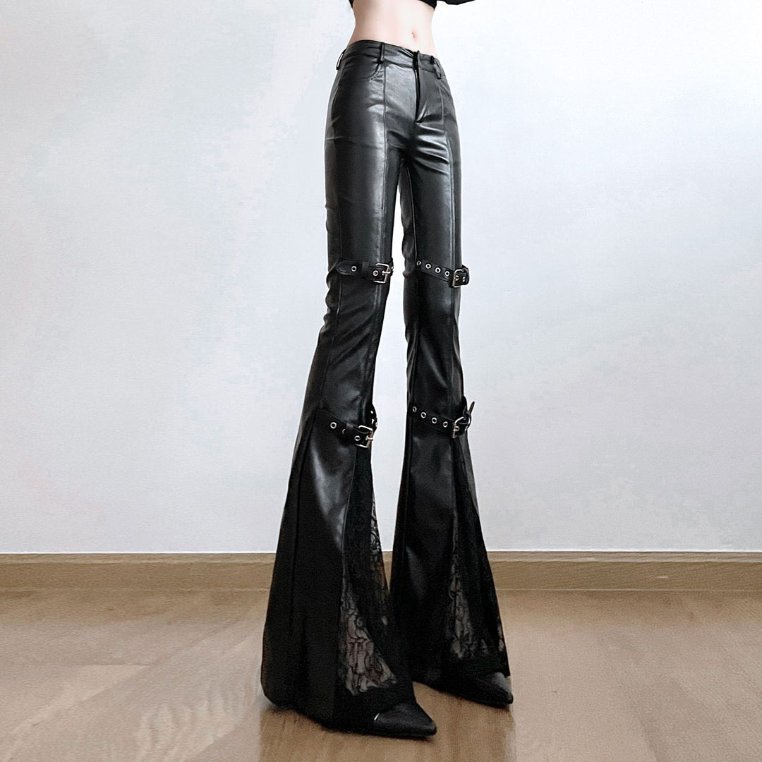 Damen Modische Kunstleder Flared Hose mit verstellbarem Bund EB