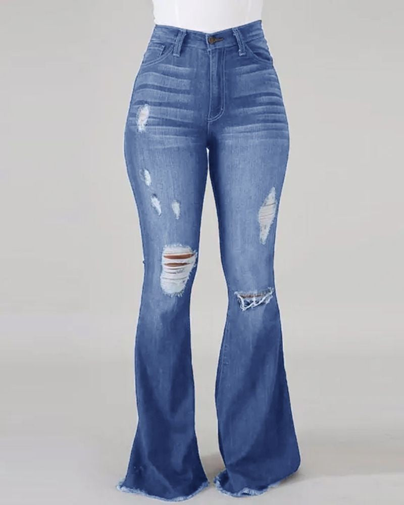 Damen Bootcut-Jeans mit ausgefranstem Saum und Destroyed-Details EB