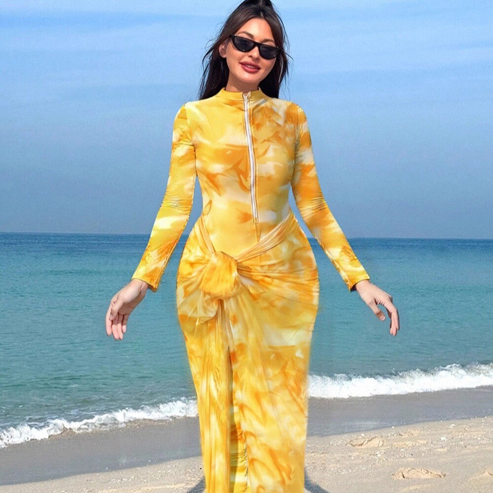 Damen Modischer Strandanzug mit langem Arm und Wickeldetail EB