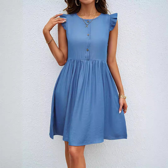 Damen lässiges Kurzkleid mit rüschigen Schulterdetails und Knopfleiste EB