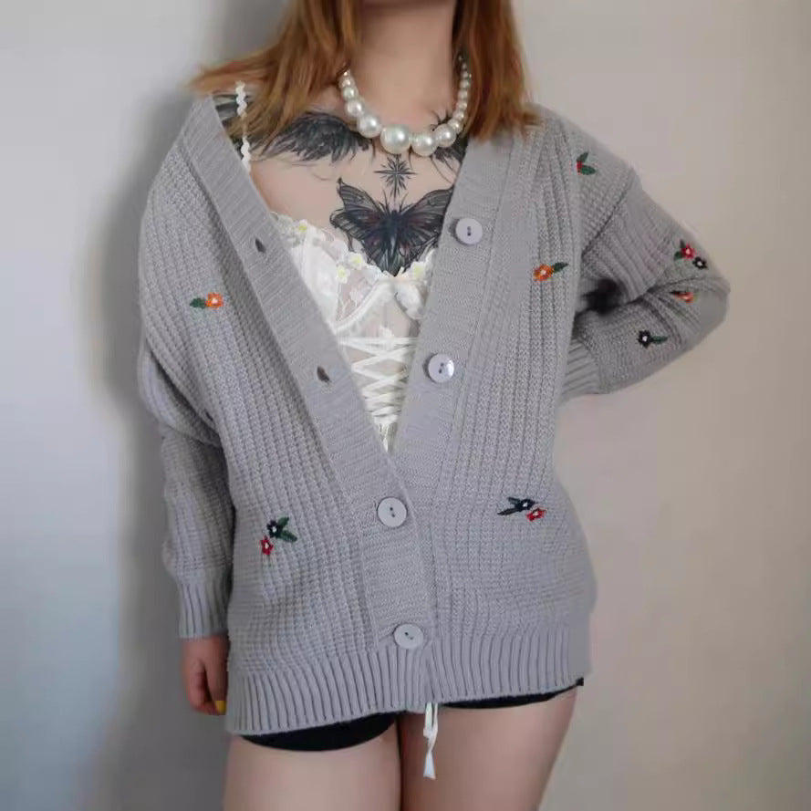 Damen Strickjacke mit buntem Blumenstickereien EB