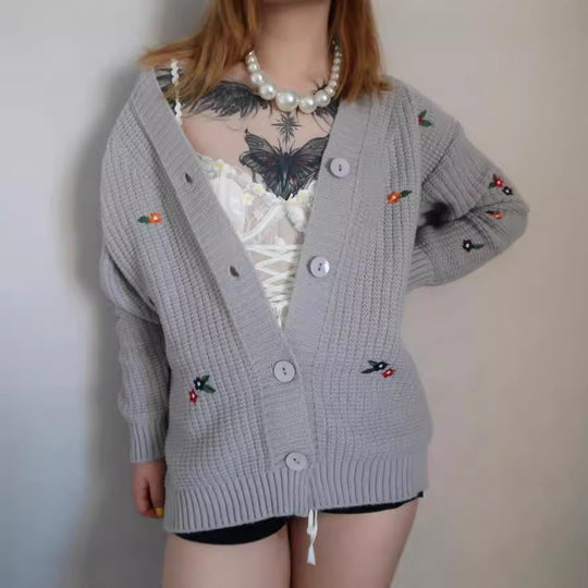 Damen Strickjacke mit buntem Blumenstickereien EB