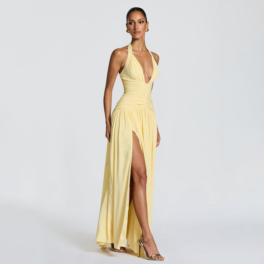 Damen Maxikleid mit tiefem V-Ausschnitt und seitlichem Schlitz EB