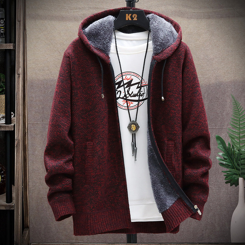 Herren nan gefütterte Strick-Kapuzensweatjacke mit Teddyfutter, durchgehendem Reißverschluss und Kängurutaschen EB