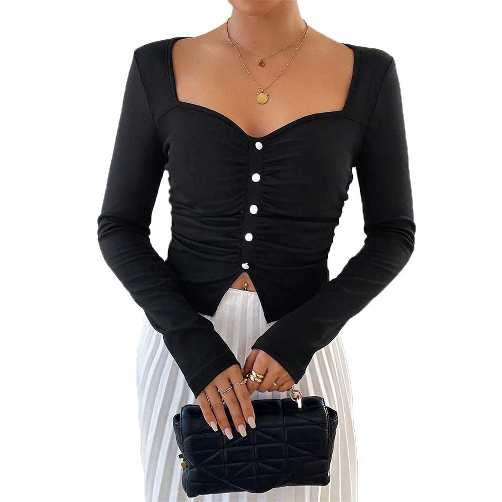 Damen figurbetontes gerafftes Langarm-Cropped-Top mit quadratischem Dekolleté und Zierknopfleiste Eichborn Berlin