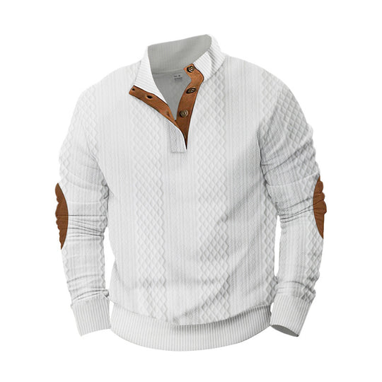 Herren nan strukturierter Henley-Pullover mit Stehkragen, Knopfleiste und Lederoptik-Ellbogenbesatz EB