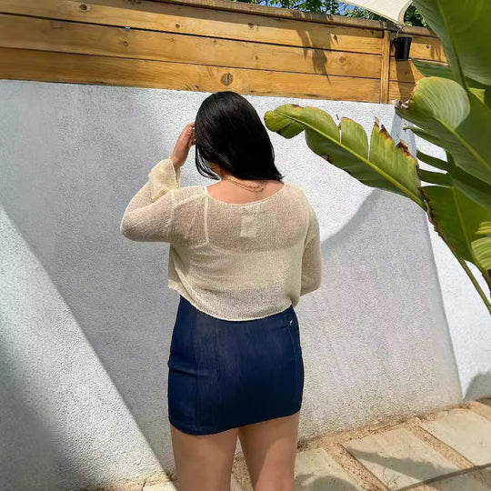 Damen luftiges Strickoberteil mit weitem Schnitt und eleganten Trompetenärmeln EB