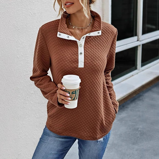 Damen Stepp-Pullover mit kontrastierendem Kragen und Knopfdetail EB