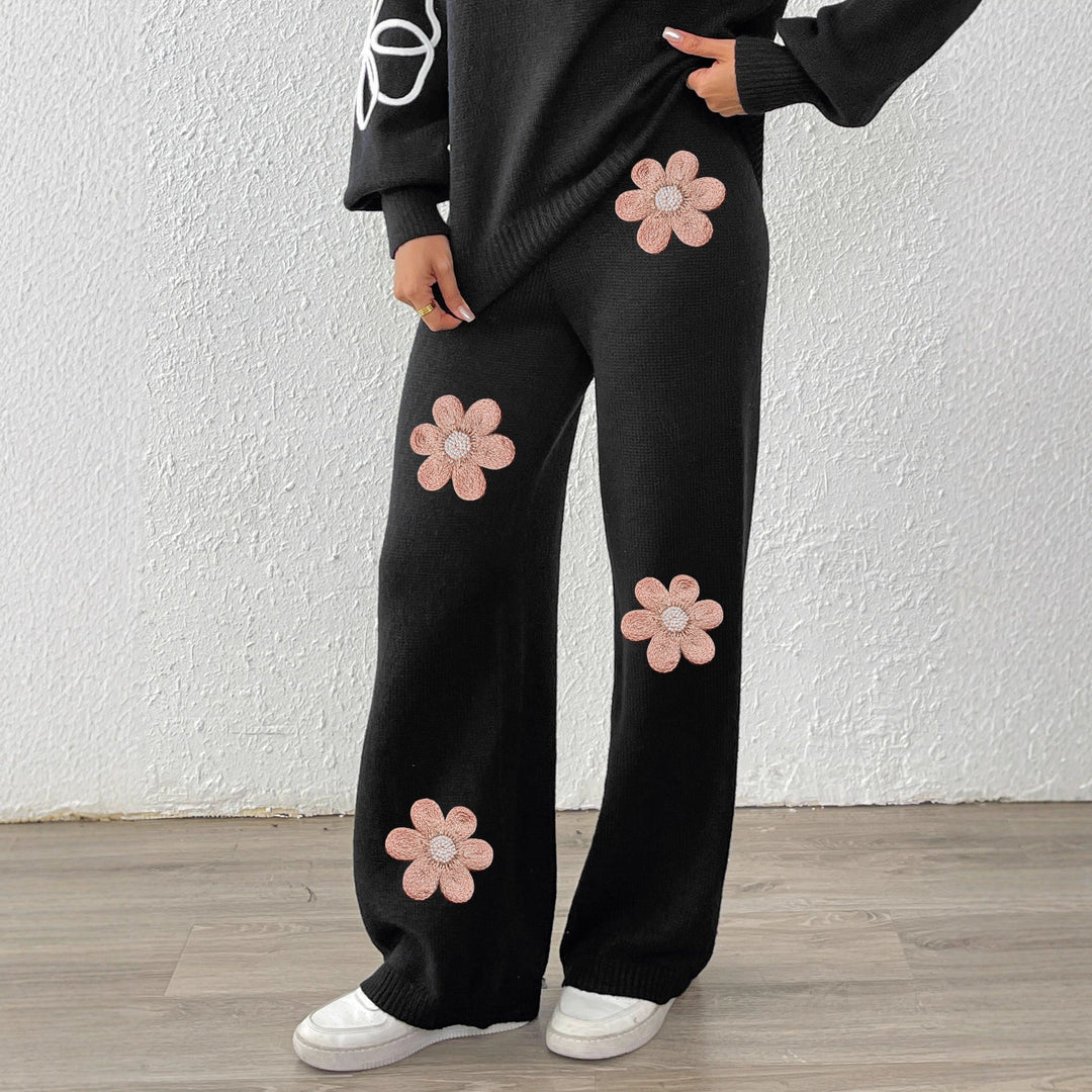 Damen lockere Strickhose mit floralen Applikationen EB