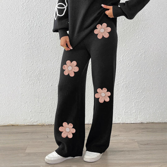 Damen lockere Strickhose mit floralen Applikationen EB