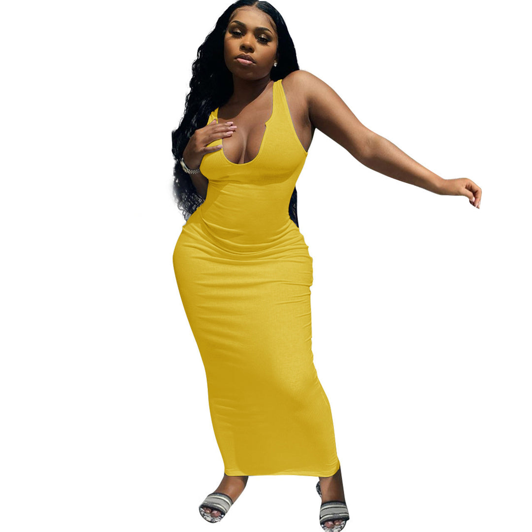 Damen Figurbetontes Maxikleid mit tiefem V-Ausschnitt und sportlichem Design EB