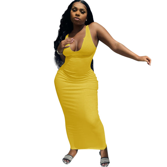 Damen Figurbetontes Maxikleid mit tiefem V-Ausschnitt und sportlichem Design EB