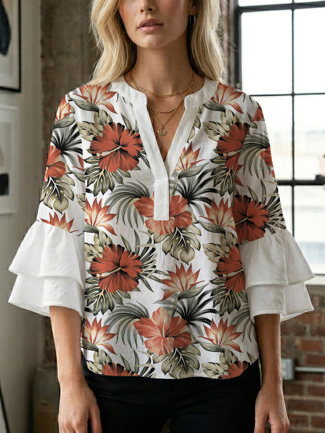 Damen lässige Bluse mit Volantärmeln und botanischem Druck EB