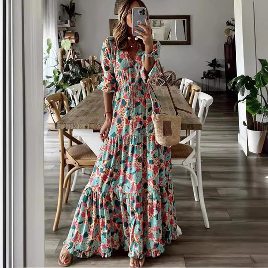 Damen Maxikleid mit gebundenem V-Ausschnitt und voluminösen Ärmeln EB