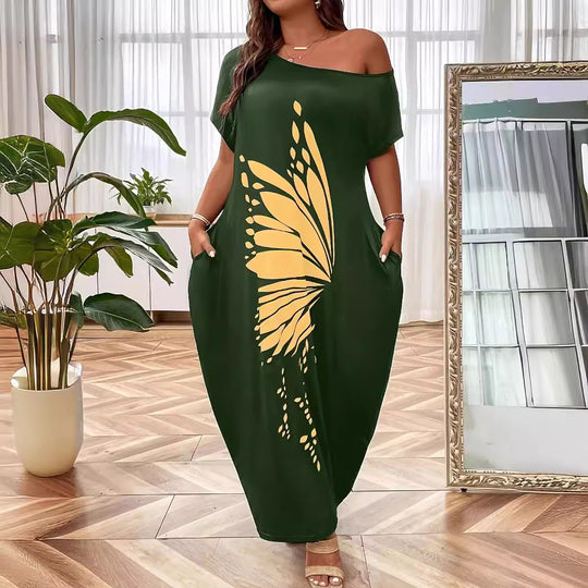 Damen Maxikleid mit XXL Schmetterlings-Motiv und schulterfreiem Design EB
