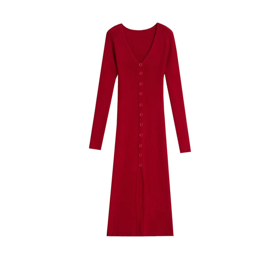 Damen Strickkleid mit V-Ausschnitt und Knopfleiste EB