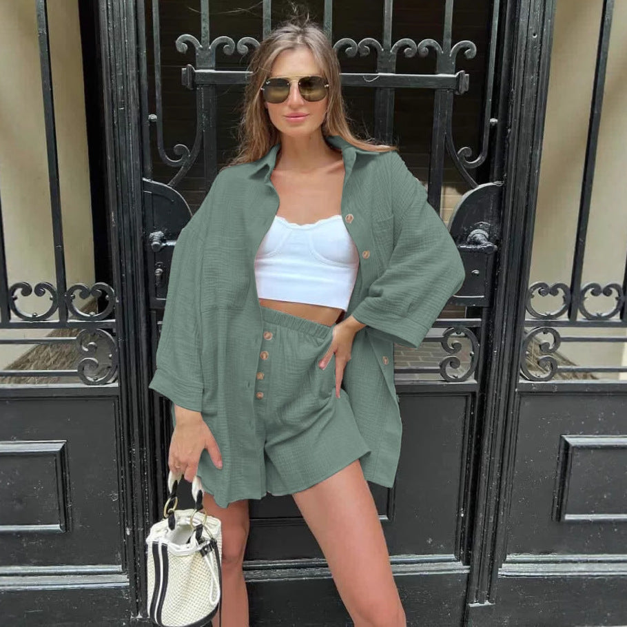 Damen nan lässiges Musselin-Zweiteiler Set mit Oversize-Hemd und elastischer Highwaist-Shorts EB
