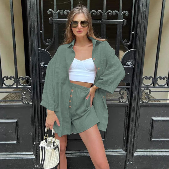 Damen nan lässiges Musselin-Zweiteiler Set mit Oversize-Hemd und elastischer Highwaist-Shorts EB