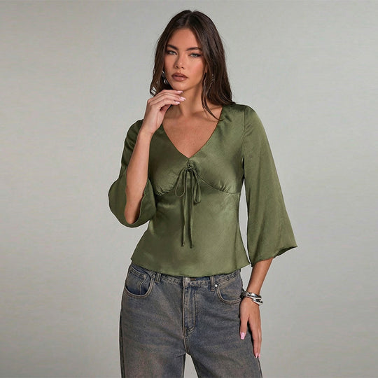 Damen Elegantes Oberteil mit Krawatte und weitem Ärmel EB