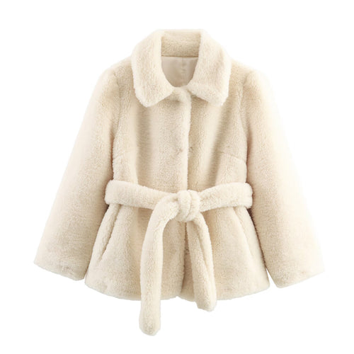 Damen Teddyfelljacke mit Gürtel und weichem Innenfutter EB