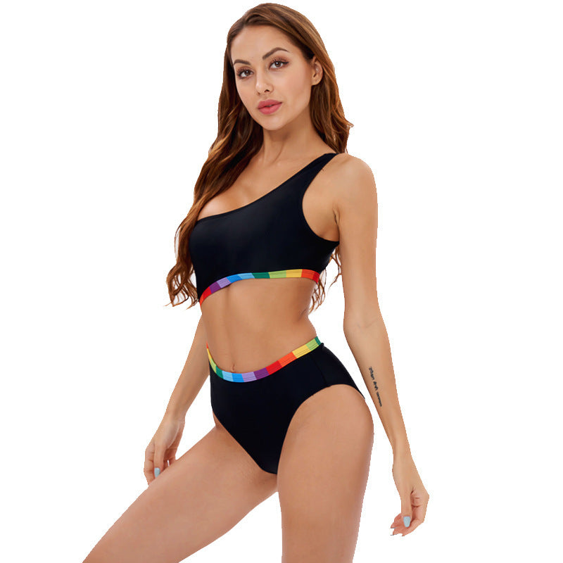 Damen Einseitiger Triangel-Bikini mit buntem Akzentband EB