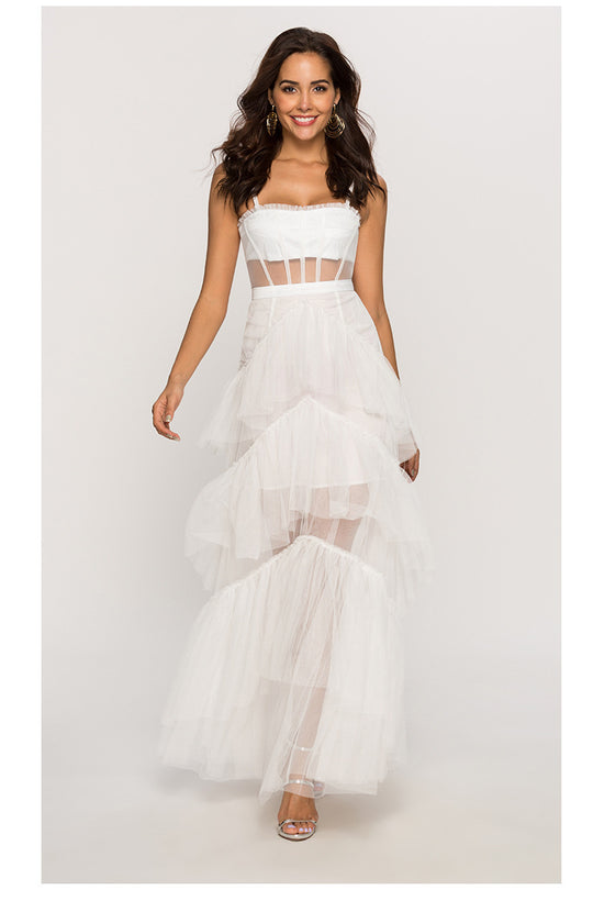 Damen Maxikleid mit mehrlagigem Tüllsaum und transparenter Einsätzen EB