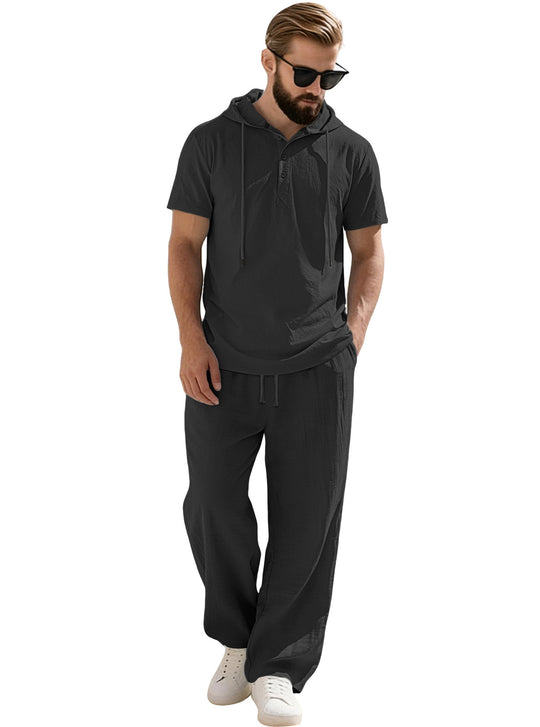 Herren nan lässiges Kurzarm-Kapuzenshirt im gekreppten Baumwollmix mit Henley-Knopfleiste EB
