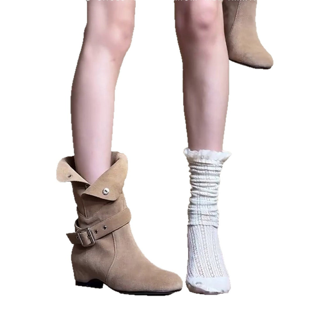 Damen modische Ankle Boots mit asymmetrischem Schnitt und dekorativer Schnalle EB