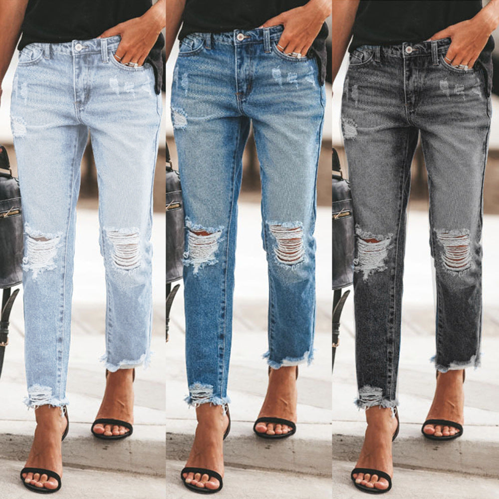 Damen Destroyed Mom Jeans mit Fransen und lässigem Schnitt EB