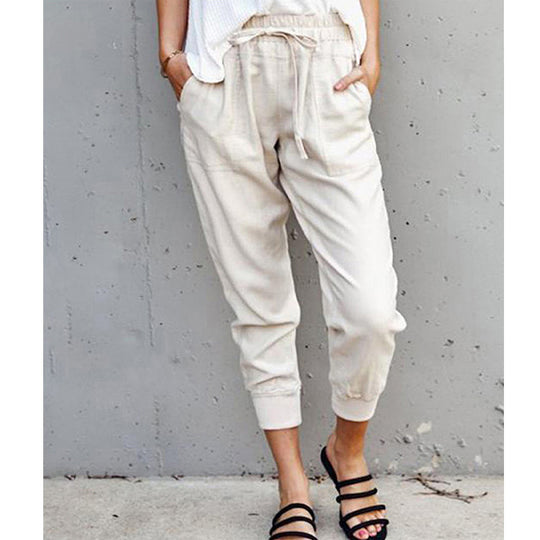 Damen nan lässige tapered Leinenhose mit elastischem Bund und Bündchen EB