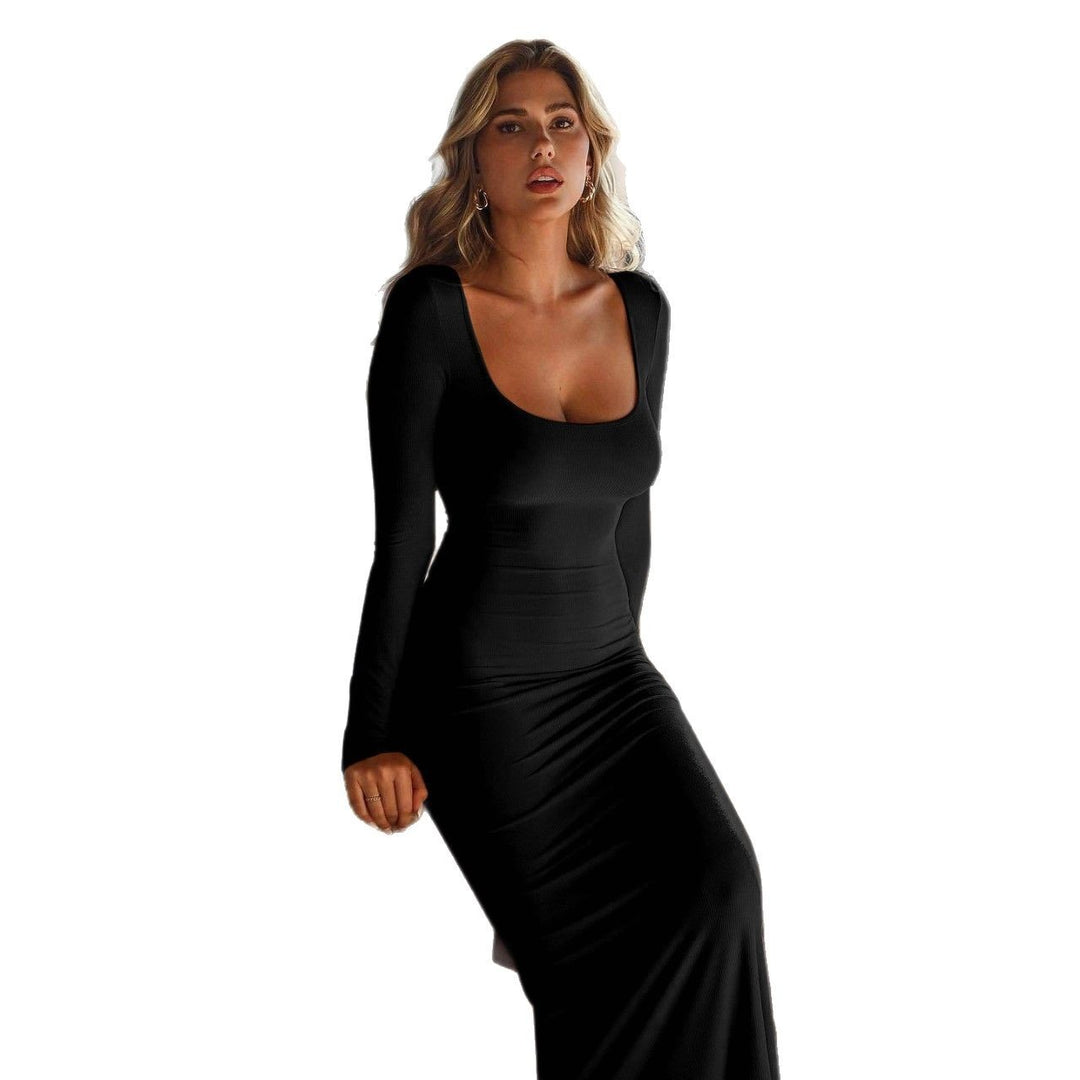 Damen figurbetontes Langarm-Maxikleid mit rundem Ausschnitt und elastischer Passform EB