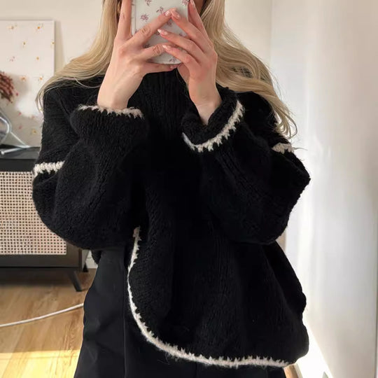 Damen Grobstrickpullover mit kontrastierendem Abschluss und lockerem Schnitt EB