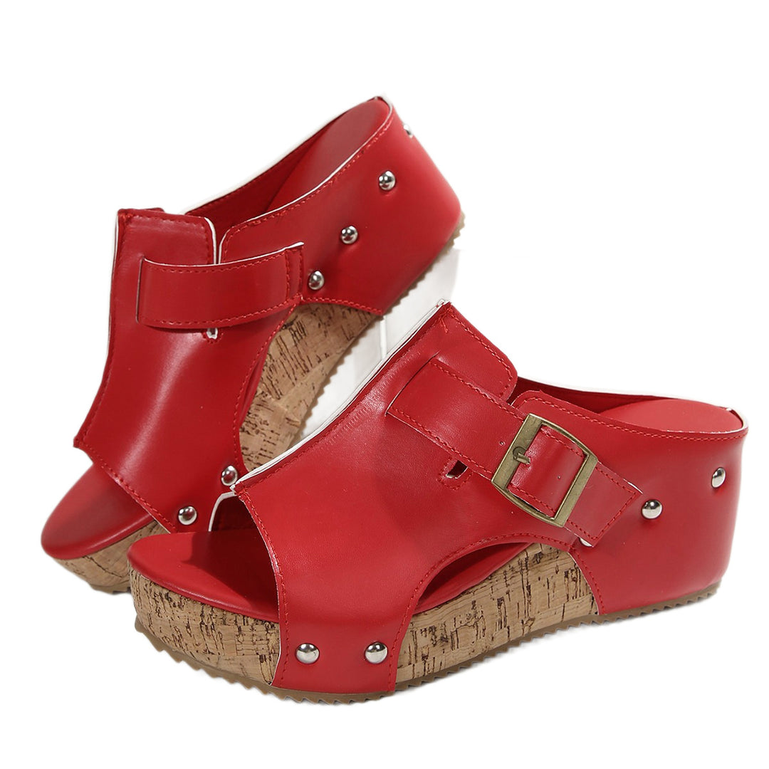 Damen Wedge-Pantoletten mit dekorativem Korkabsatz und modischem Riemendesign EB