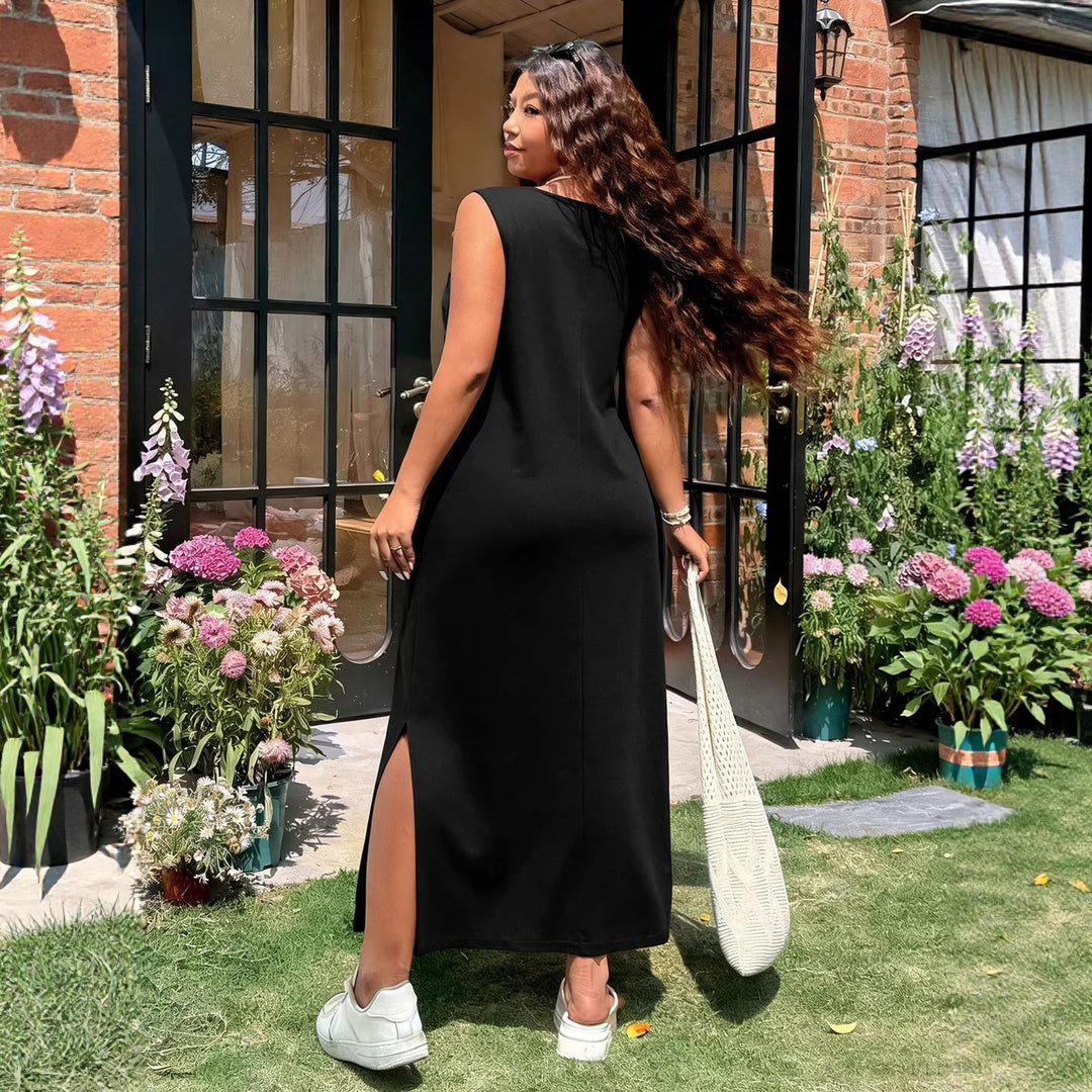 Damen luftiges Maxikleid mit V-Ausschnitt und seitlichem Schlitz EB