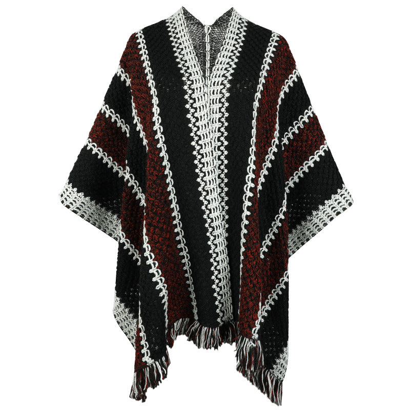 Damen Strickponcho mit V-Ausschnitt und Fransen EB